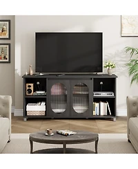 homfan Retro Tv Stand for Up to 70" TVs, Media Console with 2 Tempered Glass Cabinets, 4 Adjustable Shelves and Cord Management