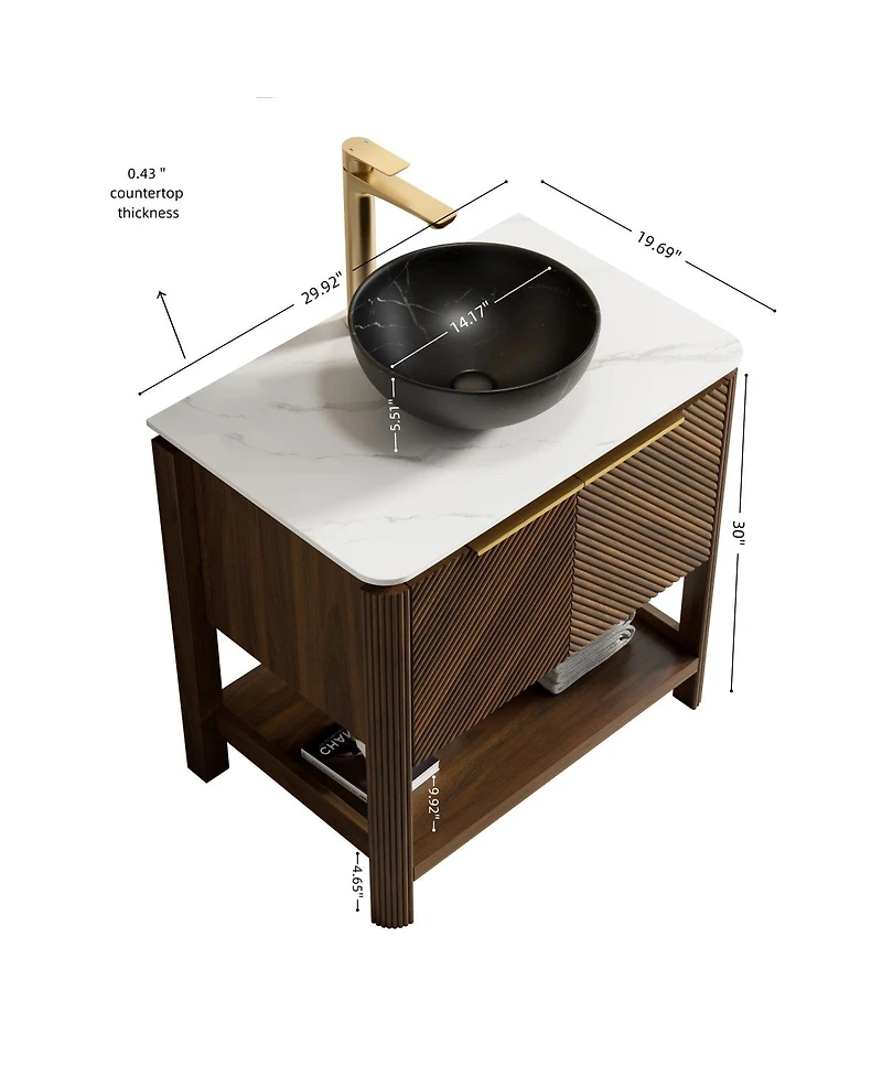 Sillysis 30" Modern Bathroom Vanity with Vessel Sink, Sintered Stone Countertop, Soft Close Solid Wood 3D Doors, Open Shelf Storage