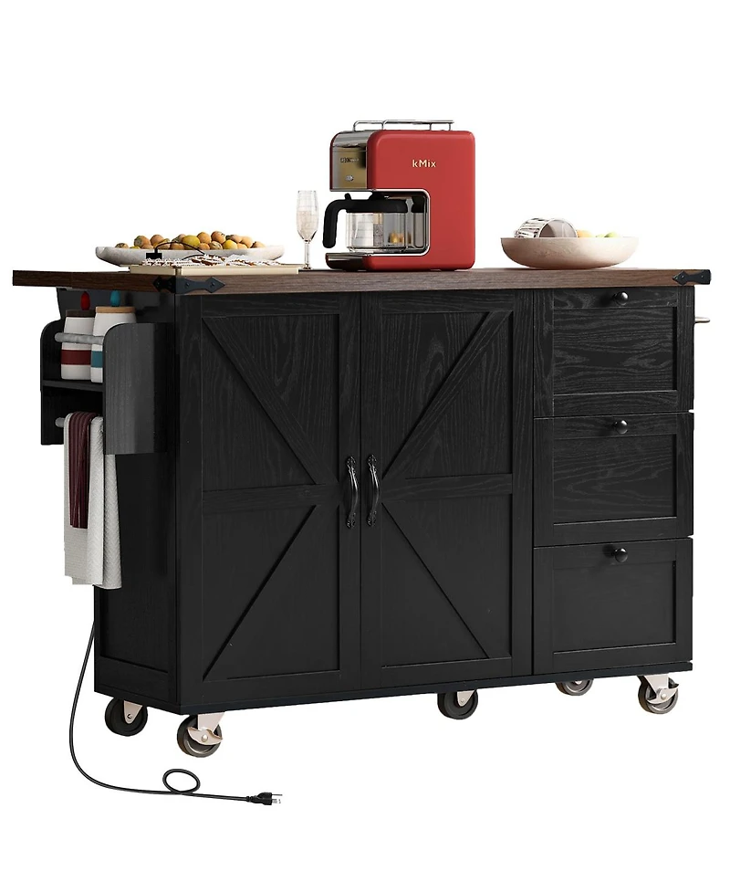 Streamdale Furniture 54.5'' Farmhouse Kitchen Island with Power Outlet Drop Leaf and Storage