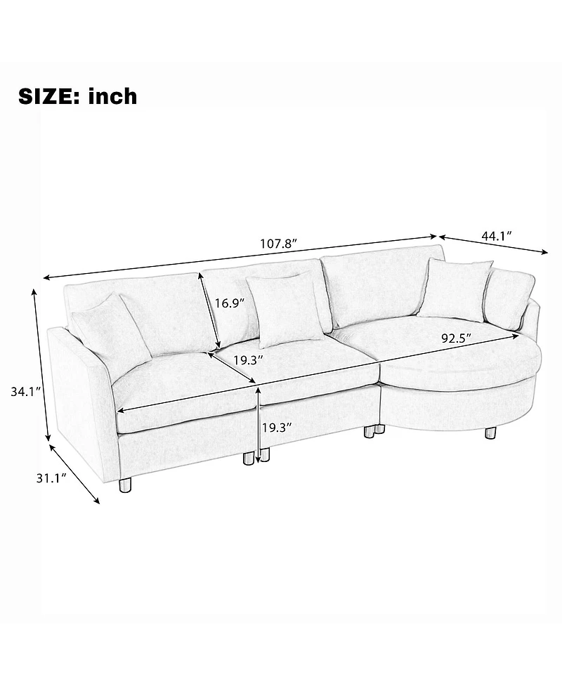 Streamdale Furniture 107'' 3-Piece Chenille Sectional Sofa with Curved Chaise and 3 Pillows
