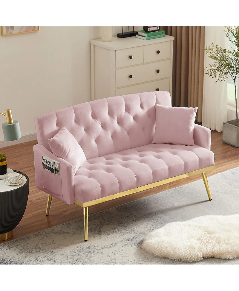 Streamdale Furniture Tufted Velvet Sofa with Metal Legs and 2 Pillows for Small Spaces