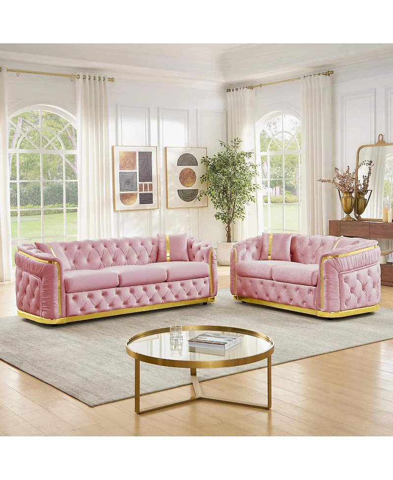 Streamdale Furniture 2-Piece and Velvet Chesterfield Sofa Set with 4 Pillows
