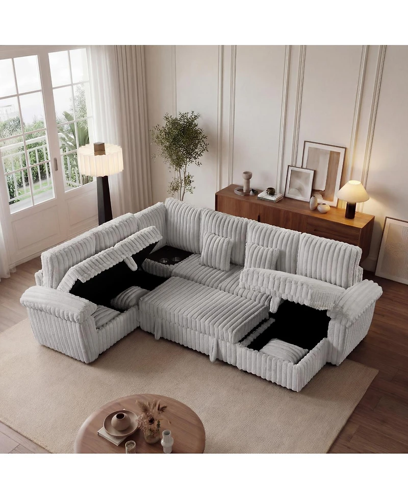 Streamdale Furniture 103'' U-Shaped Corduroy Sectional Sofa with Storage Pull-Out Bed and Usb Port