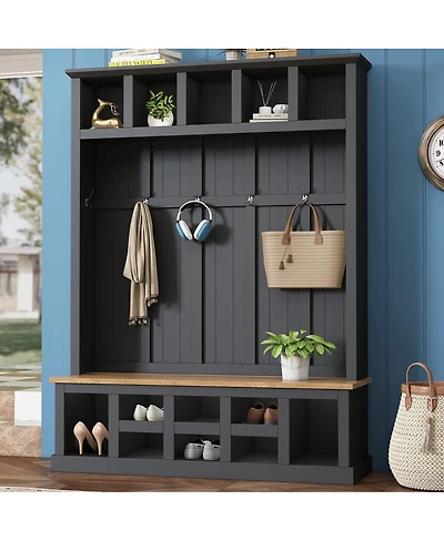 Streamdale Furniture Farmhouse Hall Tree with Storage Bench 13-Compartment Shoe Cabinet and 6 Hooks