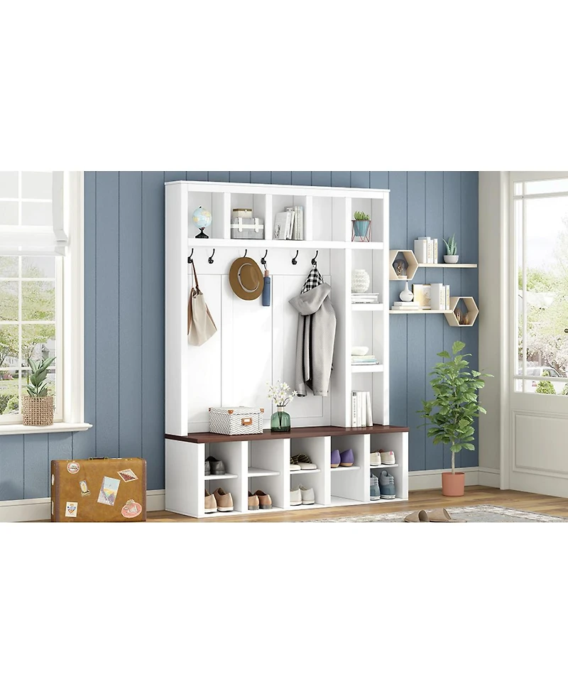 Streamdale Furniture Farmhouse 4-in-1 Hall Tree with Storage Bench 6 Hooks and Shoe Cabinet