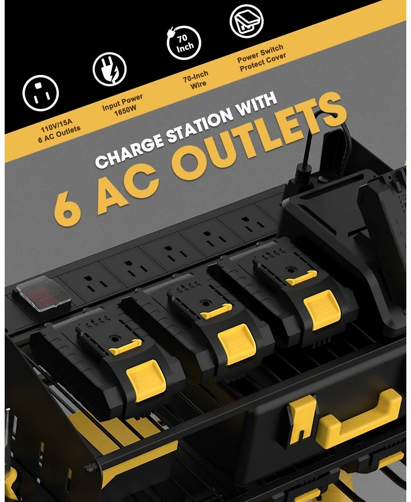 Xdovet Power Tool Charging Station Wall Mount Organizer Drill Rack Holder 6AC Outlets Metal Panels
