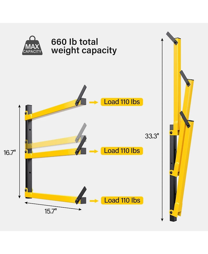 Xdovet Lumber Storage Rack Wall Mounted Metal Folding 3-Level Heavy Duty