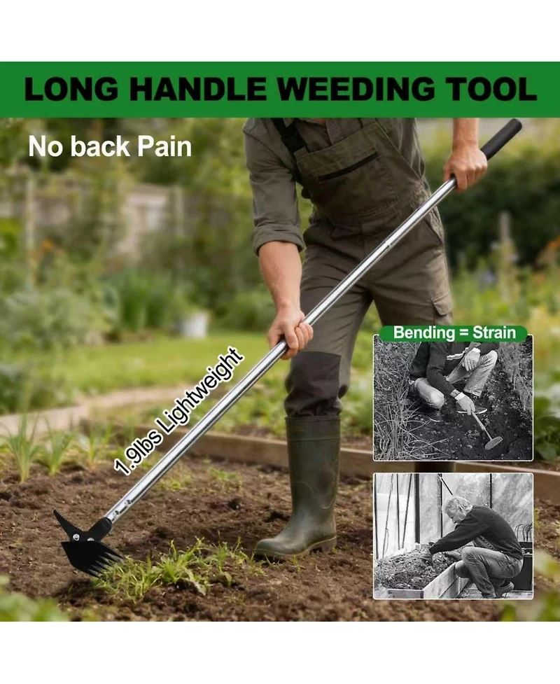 Xdovet Weed Puller Long Handle 2-in-1 Rake Crack Weeder Detachable Head Stainless Steel Garden Tool