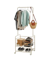 homfan Entryway Clothes Rack with Wheels and Storage Basket, 68 Inch Metal Hall Tree with Hanging Rod and Shelves for Coat, Bag, Shoe Storage