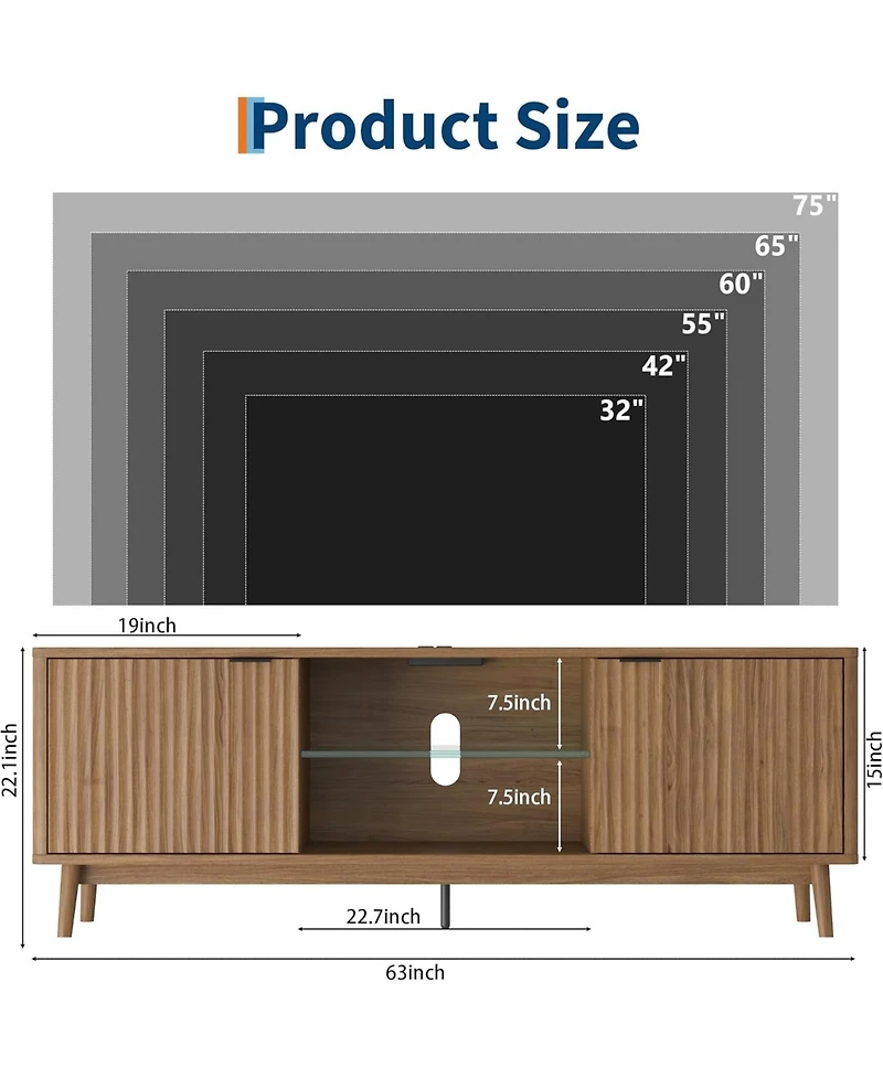 gaomon Tv Stands for Living Room, 63" Mid Century Modern Entertainment Center with Storage and Led Lights, Tv Console for Tv up to 75 inch with Power