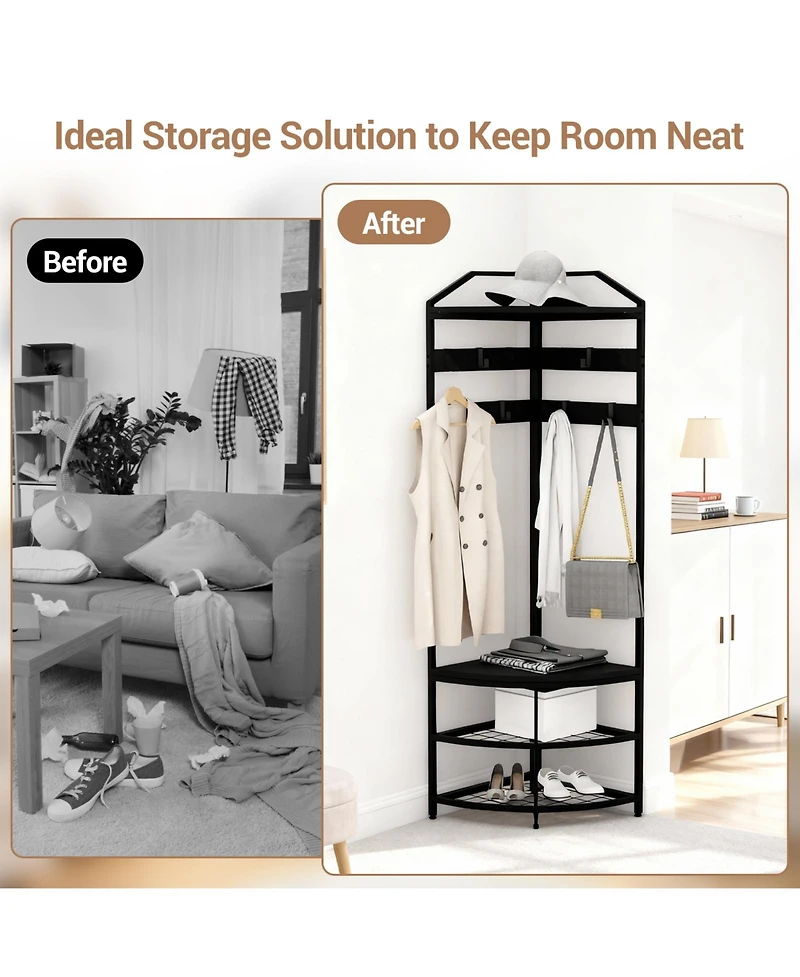 homfan 4-in-1 Corner Hall Tree Shoe Bench - 71in Tall Space-Saving Freestanding Entryway Organizer with 4 Storage Shelves and 6 Hooks