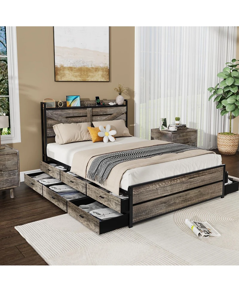 Streamdale Furniture Queen Bed Frame with Storage Headboard and 12 Drawers Metal Platform