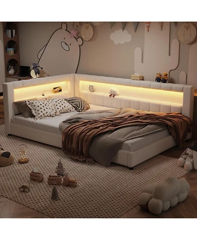 Streamdale Furniture Upholstered Platform Bed with Usb Ports and Led Belt Cream
