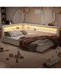 Streamdale Furniture Upholstered Platform Bed with Usb Ports and Led Belt Cream