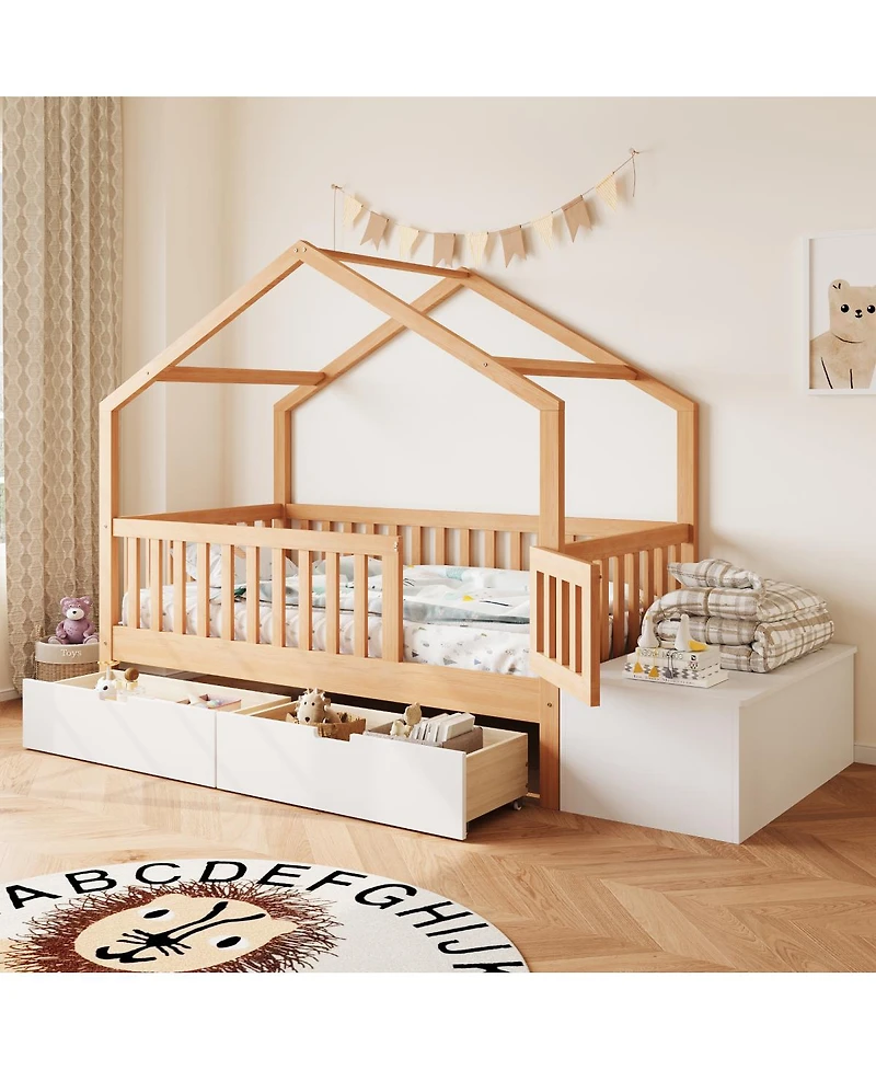 Streamdale Furniture Toddler Playhouse Bed with Storage Drawers Safety Railings and Lift-Top Chest