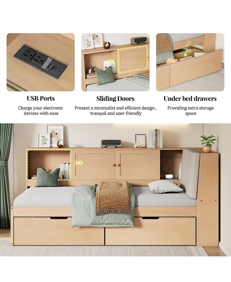 Streamdale Furniture Wooden L-Shaped Twin Daybed with Storage Bookcase and Usb Ports