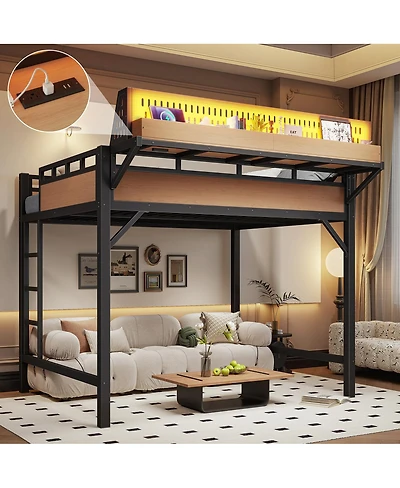 Streamdale Furniture Metal Loft Bed with Storage Usb Ports and Led Lights