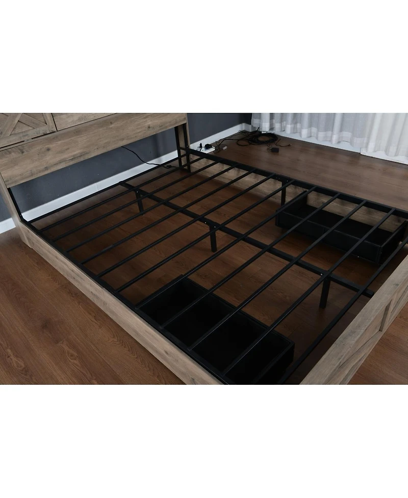 Streamdale Furniture Farmhouse Queen Bed Frame with Led Lights Charging Station and Storage Drawers