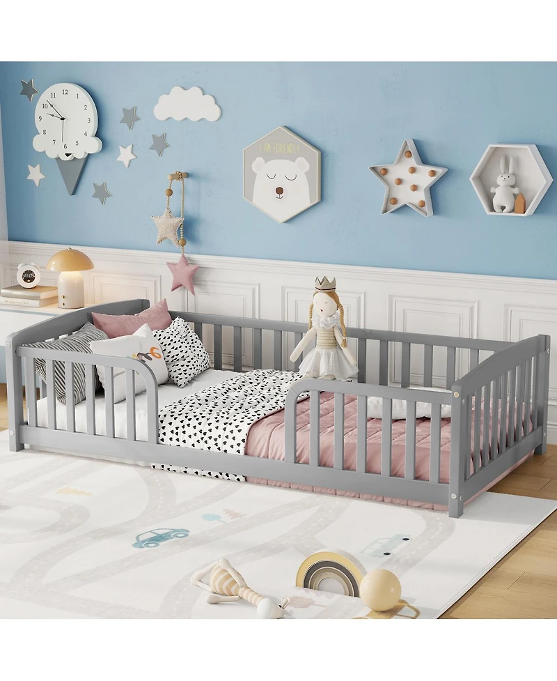 Streamdale Furniture Twin Size Floor Fence Bed with Guardrails
