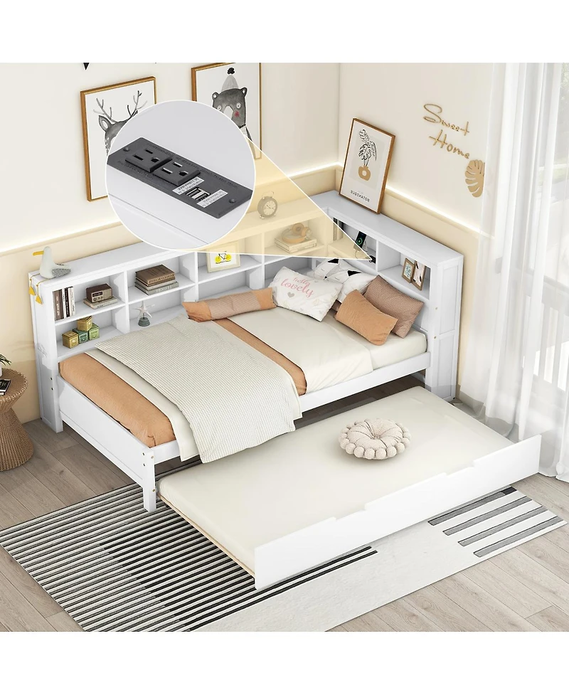 Streamdale Furniture Wooden Twin Daybed with Trundle Storage Shelf and Usb Ports
