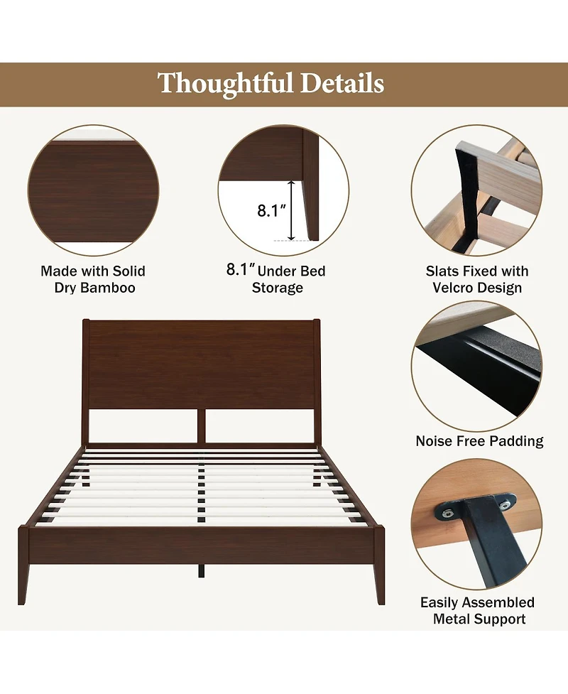 Streamdale Furniture Mid Century Modern Solid Bamboo Sled Platform Bed Frame Chocolate