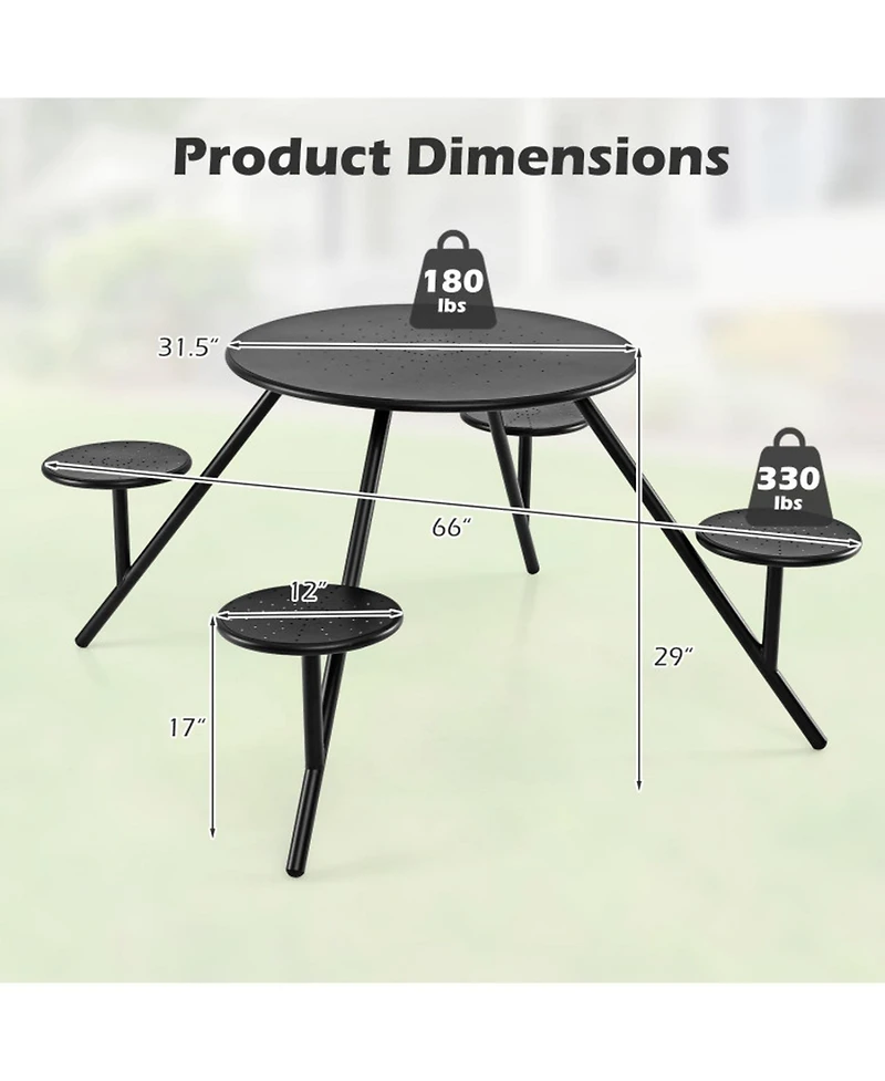 Gouun Heavy-Duty Round Galvanized Iron Picnic Table for 4 with Built-In Seats