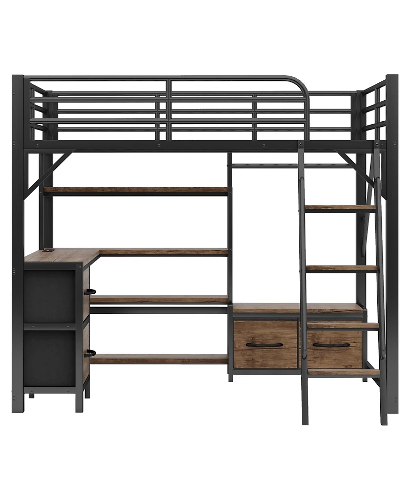 Streamdale Furniture Full Size Metal Loft Bed with Desk Storage Shelves Wardrobe and Drawers