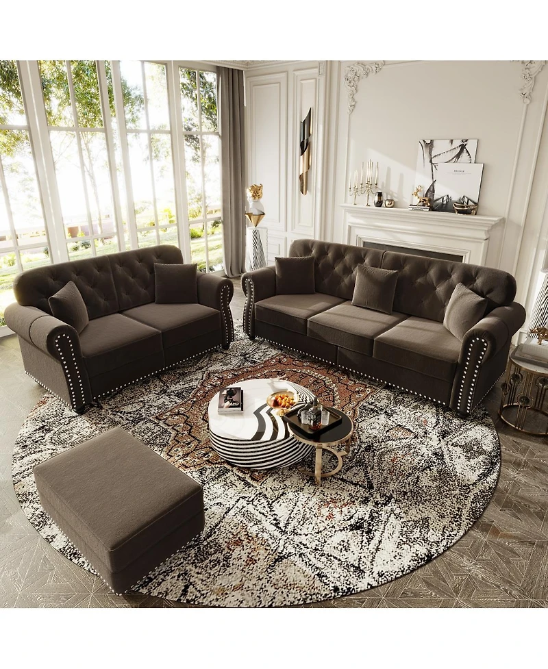 Streamdale Furniture Velvet Chesterfield Sofa with Nailhead Trim Rolled Arms and Ottoman