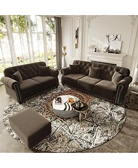 Streamdale Furniture Velvet Chesterfield Sofa with Nailhead Trim Rolled Arms and Ottoman