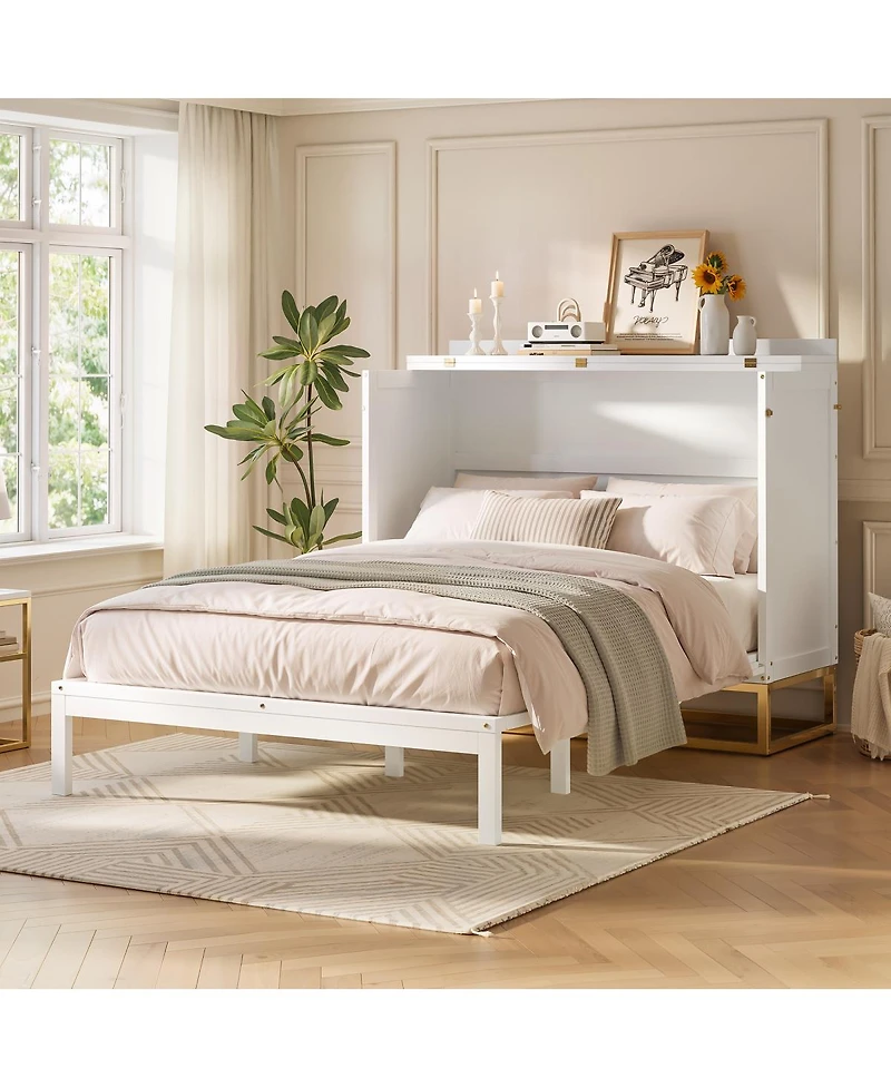Streamdale Furniture Murphy queen bed with Wooden doors design fake drawers metal legs
