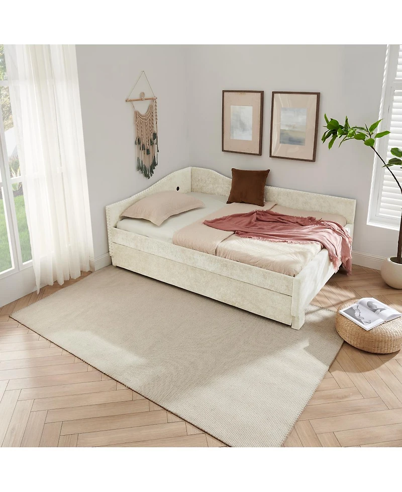 Streamdale Furniture Full Size Curved Padded Daybed with Trundle Nailhead Trim and Usb Port