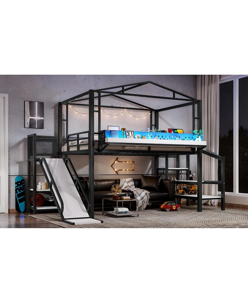 Streamdale Furniture Full Size Metal Loft Bed with Storage Stairs Wardrobe Usb and Led Lights