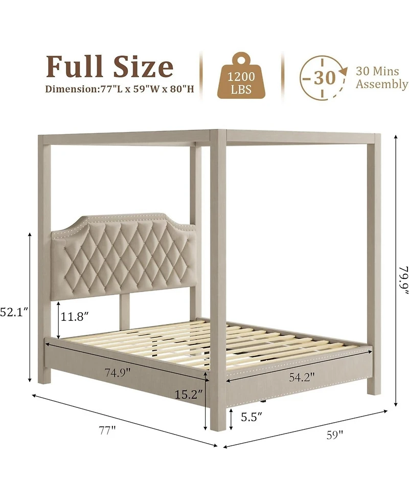 gaomon Canopy Bed Frame with Headboard Wingback, Soft Fabric, Retro Simple Style Platform Bed No Box Spring Needed