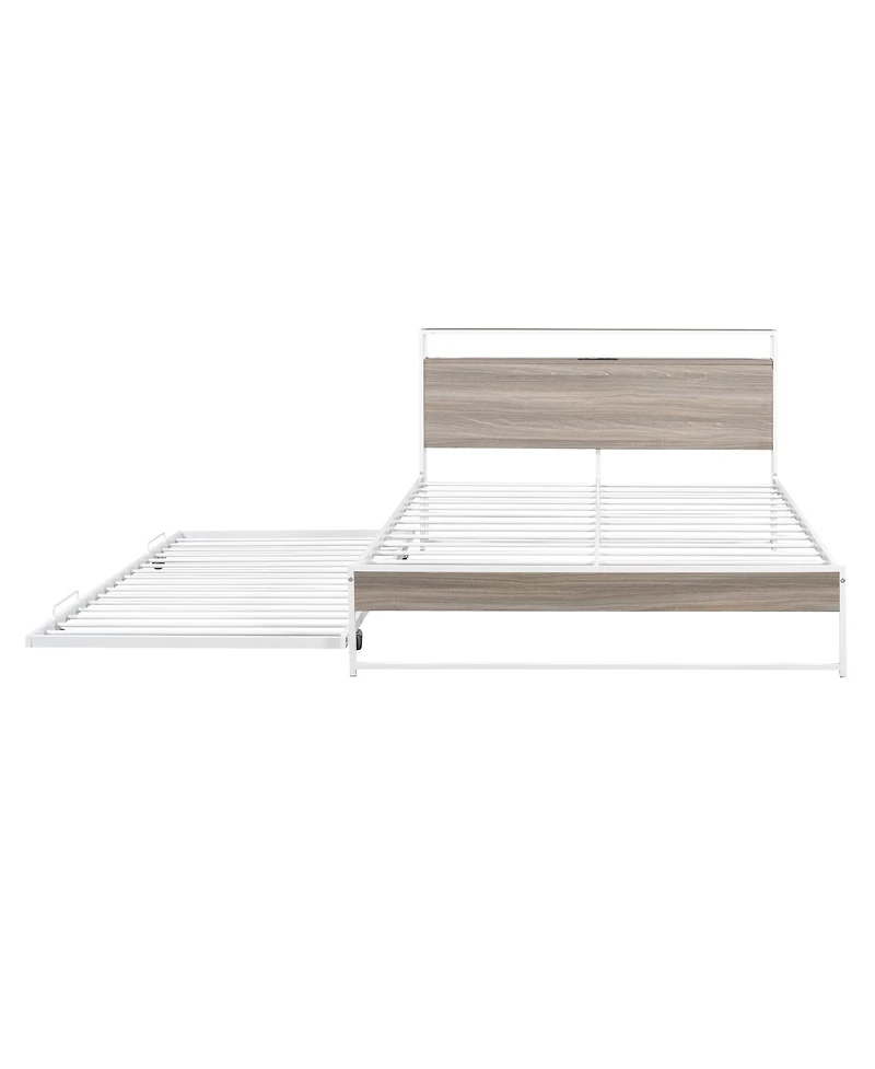 Streamdale Furniture Queen Metal Platform Bed Frame with Trundle Usb Ports and Slat Support