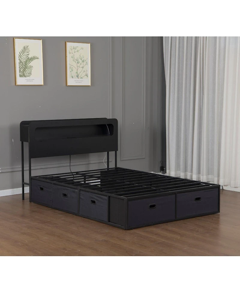 Streamdale Furniture Queen Bed Frame with Led Headboard Charging Station and 8 Storage Drawers