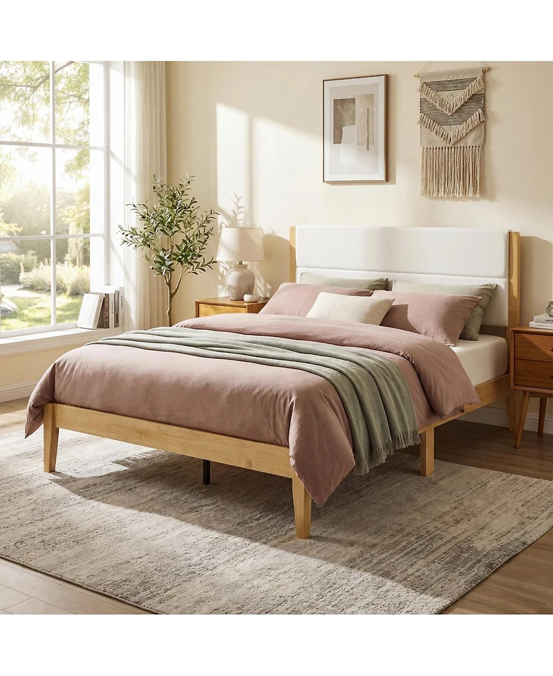 Streamdale Furniture Mid-Century Modern Upholstered Queen Platform Bed Natural Wood