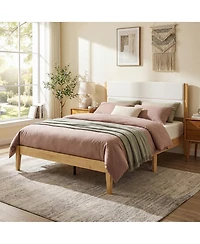 Streamdale Furniture Mid-Century Modern Upholstered Queen Platform Bed Natural Wood