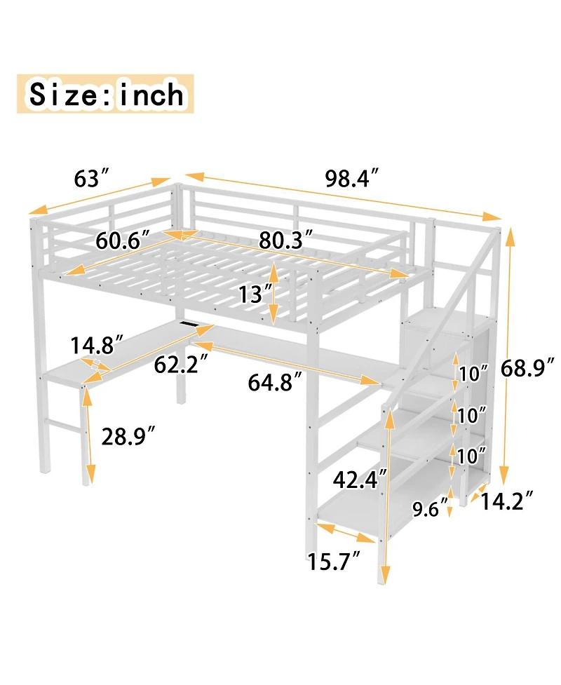 Streamdale Furniture Queen Loft Bed with L-Shaped Desk Wardrobe and Led Lights