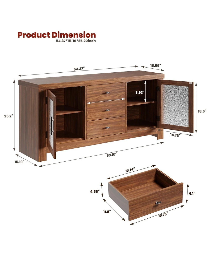 homfan Buffet Sideboard with Glass Doors and Drawers Accent Storage Cabinet Coffee Bar for Living Room Kitchen Dining Room