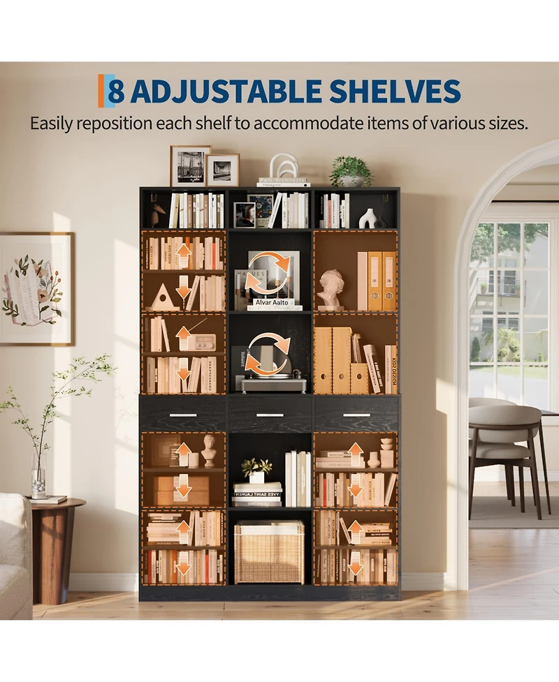 homfan 75" Tall Bookcase with Drawers, 9-Tier Adjustable Shelves, Farmhouse Wood Bookshelf for Living Room and Office