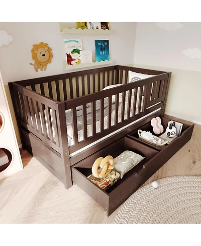 Streamdale Furniture 3-in-1 Solid Wood Convertible Toddler Bed with Storage Drawers Espresso