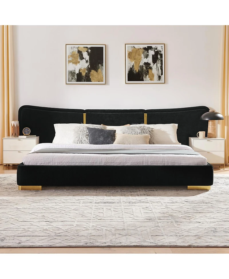 Streamdale Furniture Extra Large Chenille Platform Bed with Curved Headboard