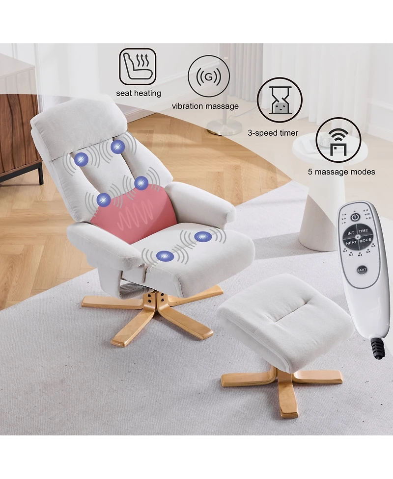 Streamdale Furniture Fabric Heated Massage Swivel Accent Chair with Ottoman