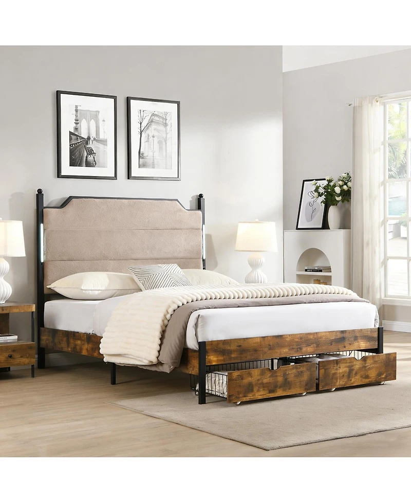 Streamdale Furniture Upholstered Bed Frame with Led Lights Charging Station and 2 Drawers