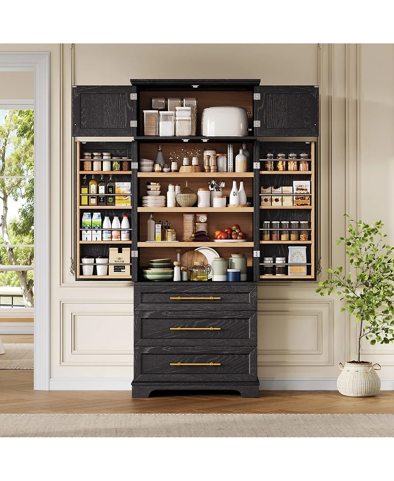 Streamdale Furniture 78.2'' Farmhouse Kitchen Pantry Cabinet with 8 Door Shelves and 3 Drawers Ash