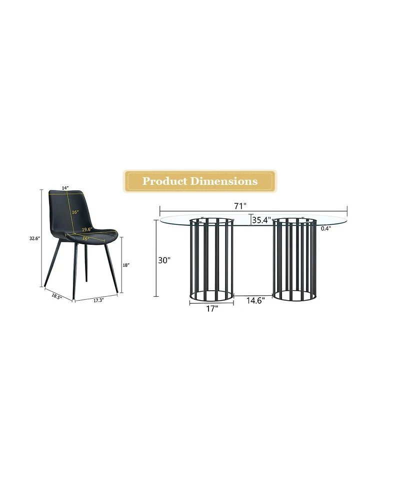 Streamdale Furniture 71 inch Oval Glass Dining Table with 8 Pu Leather Chairs