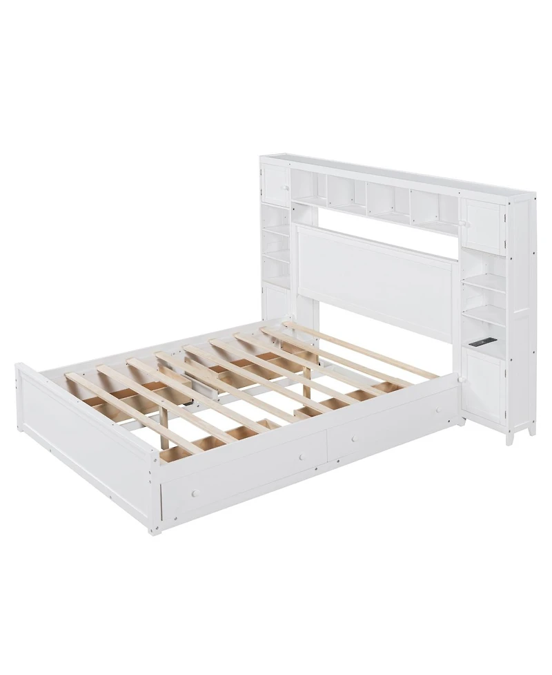 Streamdale Furniture Queen Size Wooden Bed With All-in-One Cabinet Shelf and Sockets
