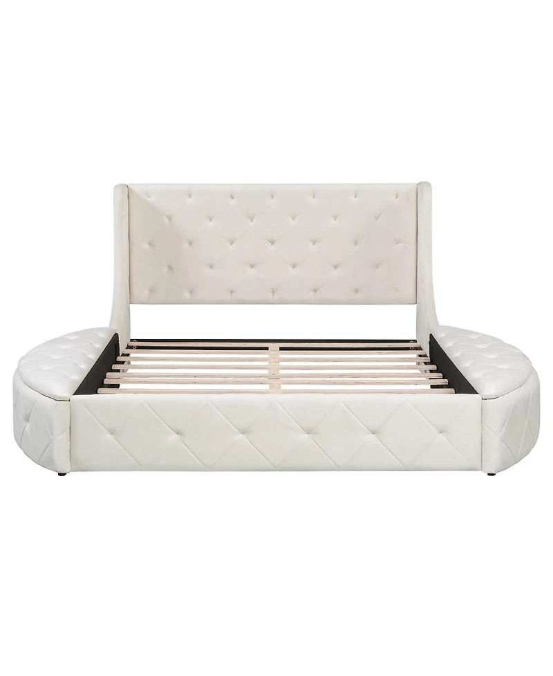 Streamdale Furniture Velvet Upholstered Platform Bed with Storage Drawer and 2 Side Stools
