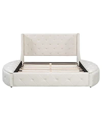 Streamdale Furniture Velvet Upholstered Platform Bed with Storage Drawer and 2 Side Stools