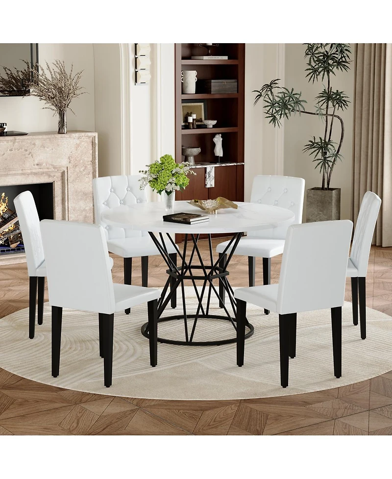 Streamdale Furniture 47.3 inch Circular Mdf Dining Table with 6 Ergonomic Pu Chairs